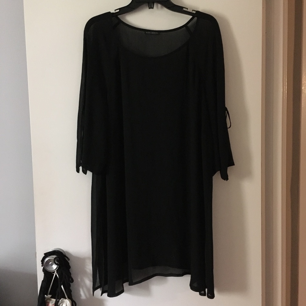 ELENA GRUNERT Black Sheer Chiffon Tie Bell Sleeve Tunic XL Lagenlook